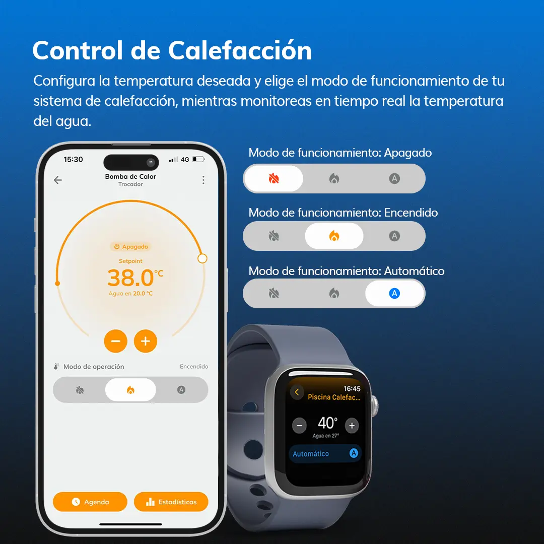 Control de calefacción inteligente en la aplicación Tholz Smart Home para sistemas residenciales y piscinas.