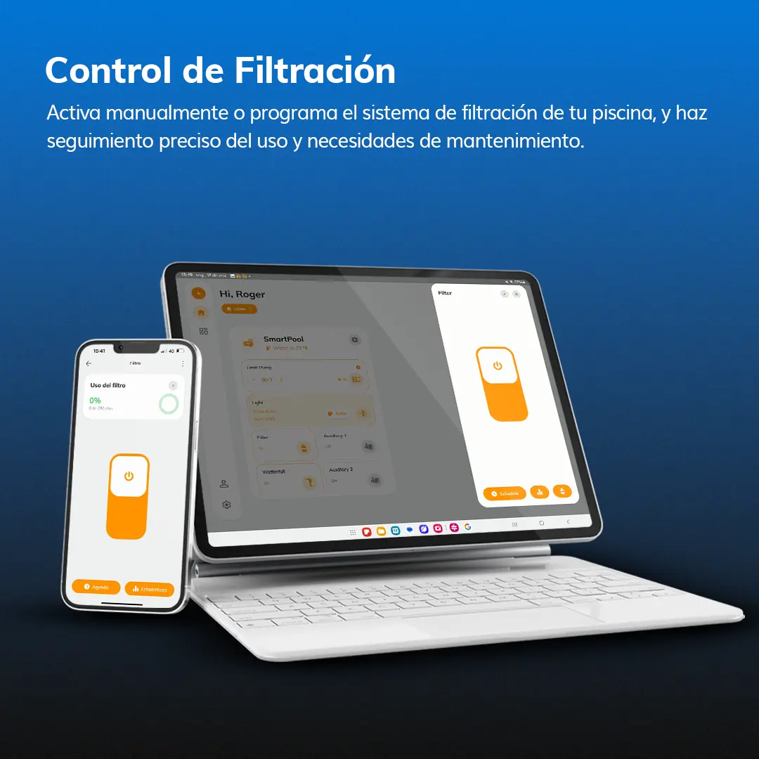 Control del filtro en la aplicación Tholz Smart Home para la gestión inteligente del sistema de filtración de la piscina.