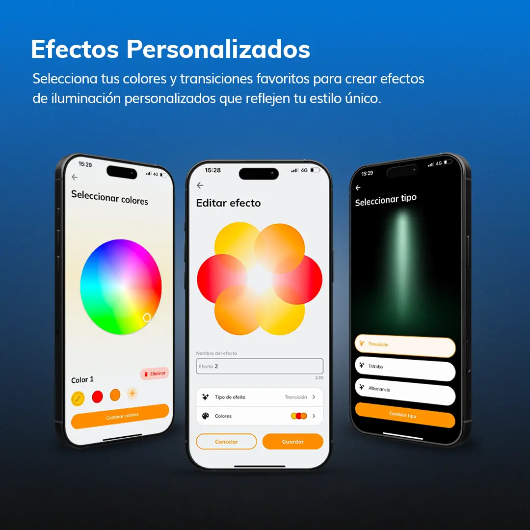 Efectos de iluminación personalizados en la aplicación Tholz Smart Home para piscinas inteligentes.