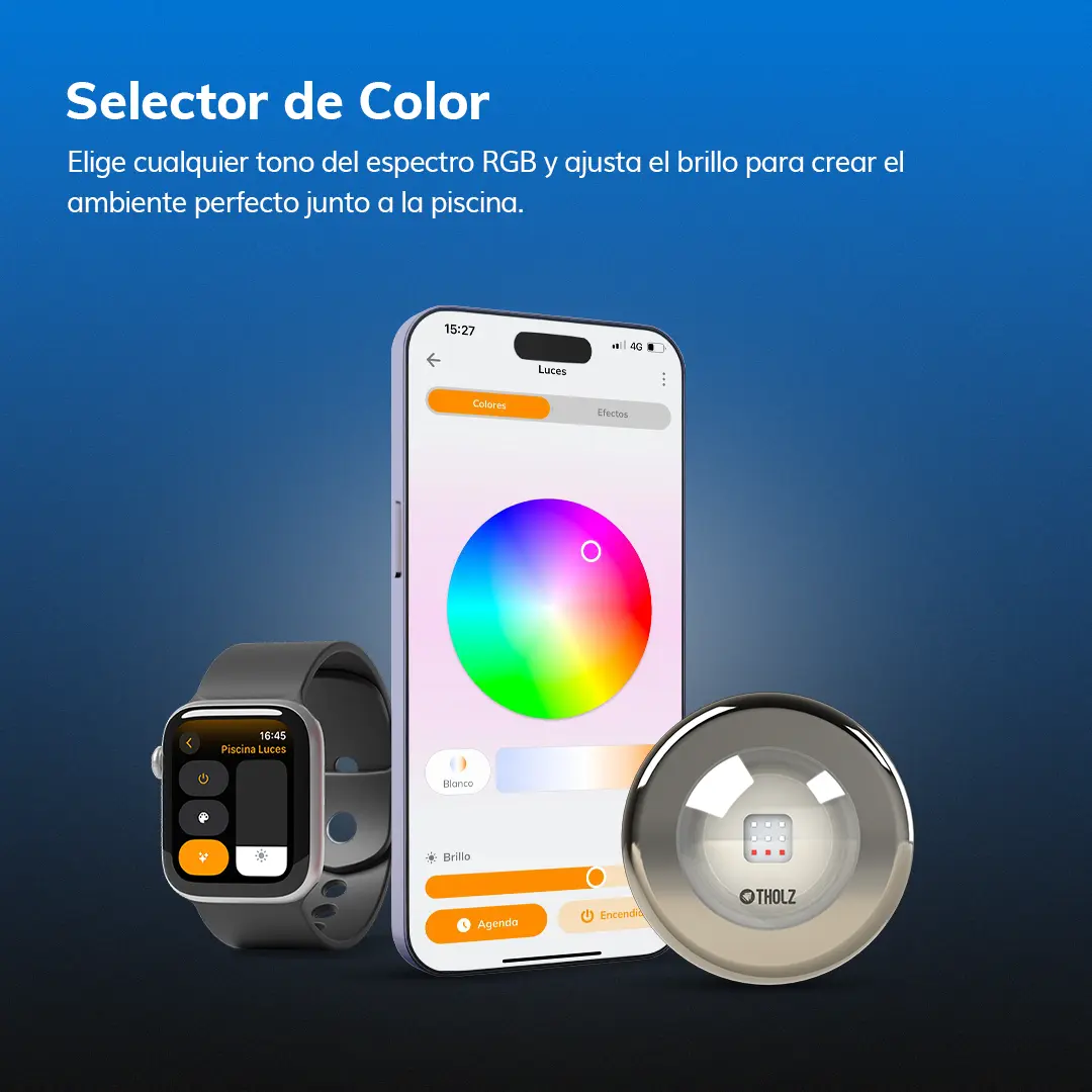 Selector de color de la aplicación Tholz Smart Home para control inteligente de iluminación de piscina.
