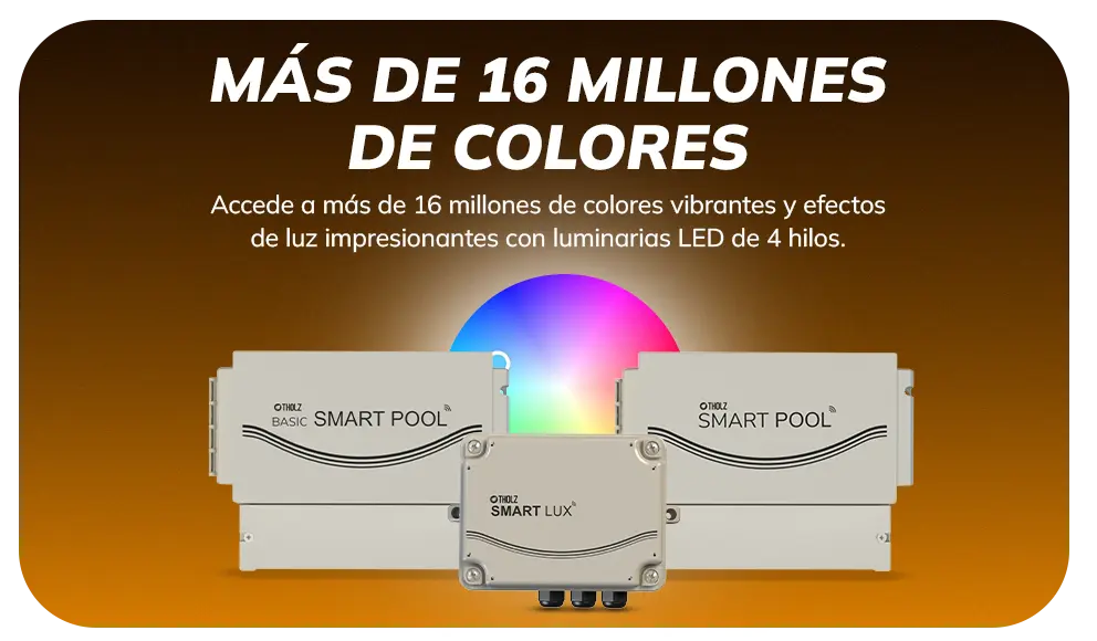 Automatización de piscina Tholz con millones de colores para personalizar la iluminación de forma inteligente.
