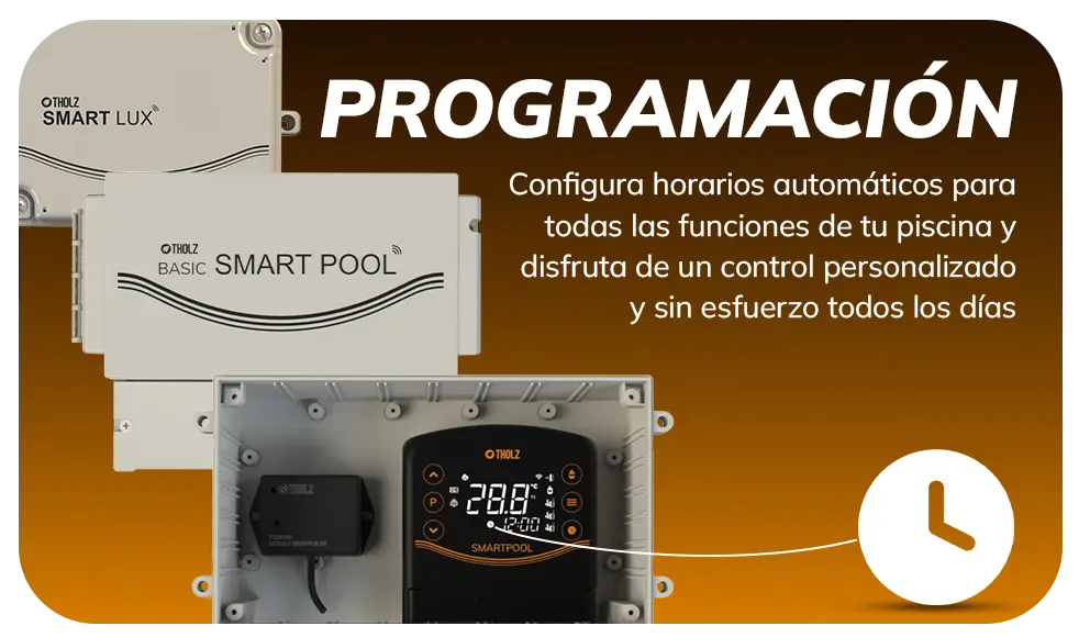 Automatización de piscina Tholz con programación horaria para control inteligente de la iluminación.