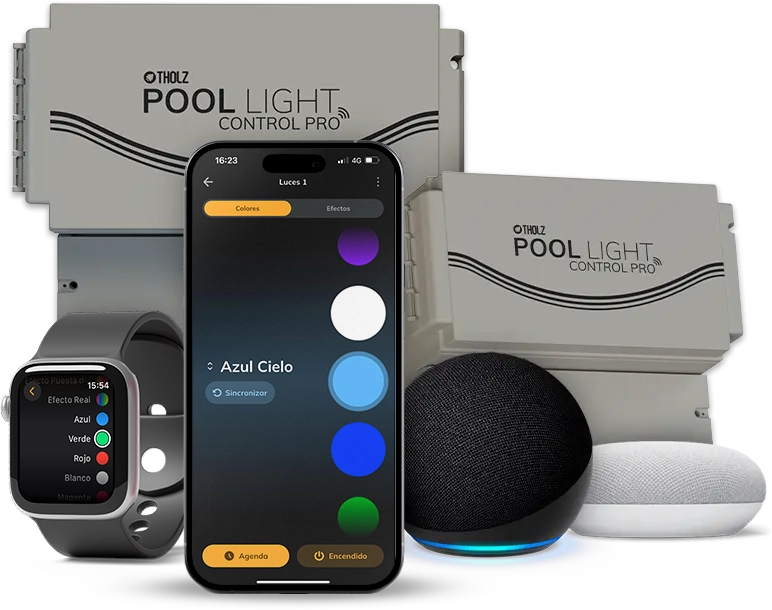 Tholz Pool Light Control Pro system with smartphone app, smartwatch, and smart assistants, enabling full control of pool lighting colors and effects.