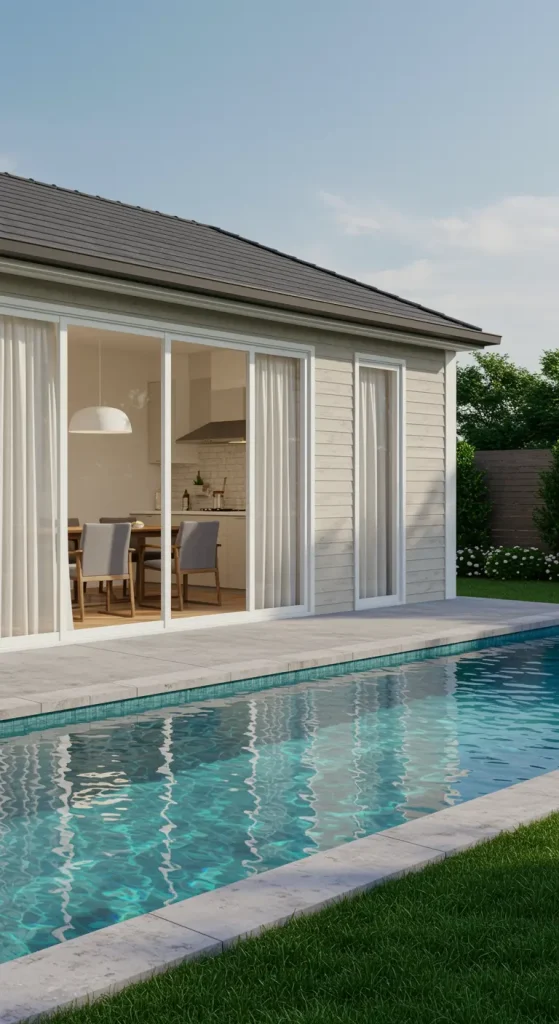Modern residential pool beside a contemporary house with large glass doors, crystal-clear water, minimalist architecture, and a landscaped backyard.