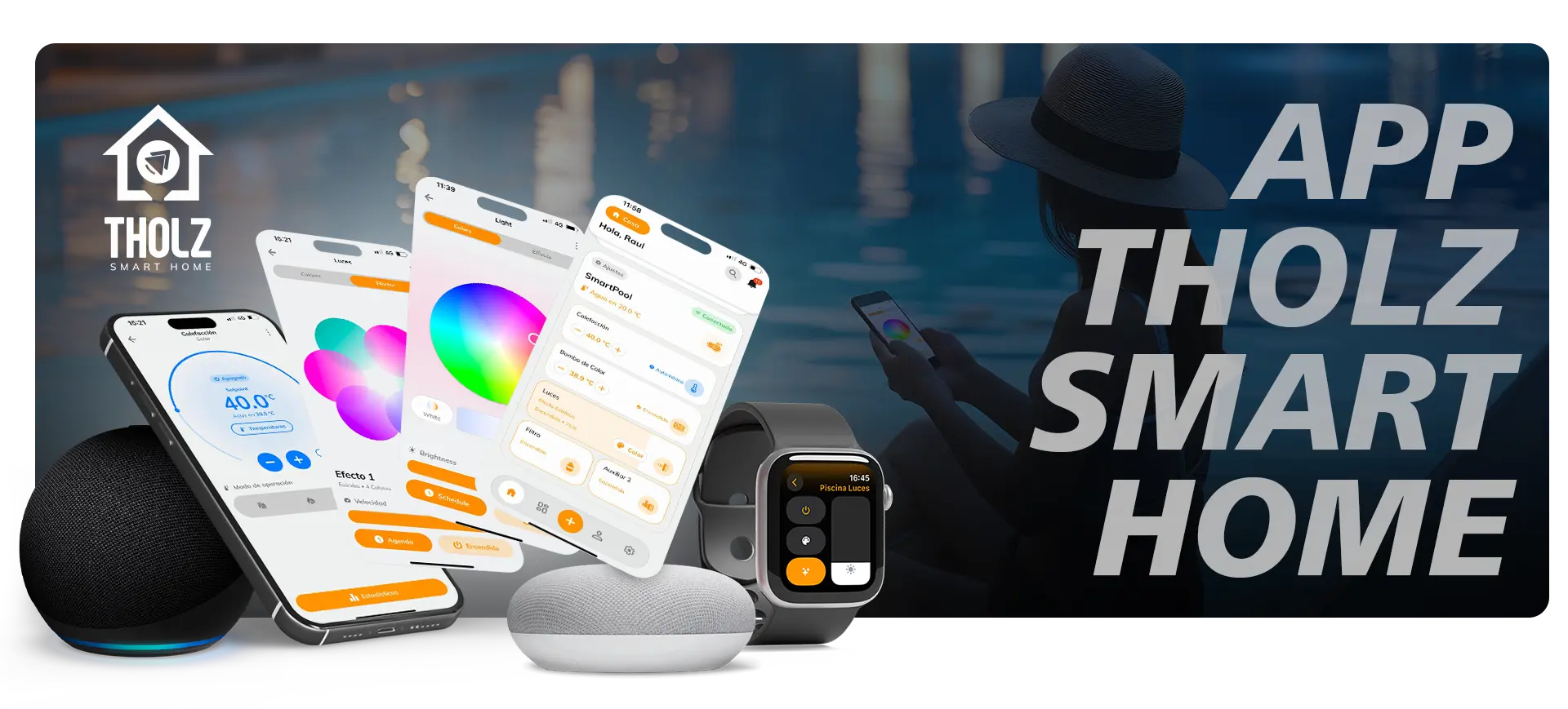 Aplicación Tholz Smart Home para automatización inteligente de piscina con control de luces, colores y temperatura.